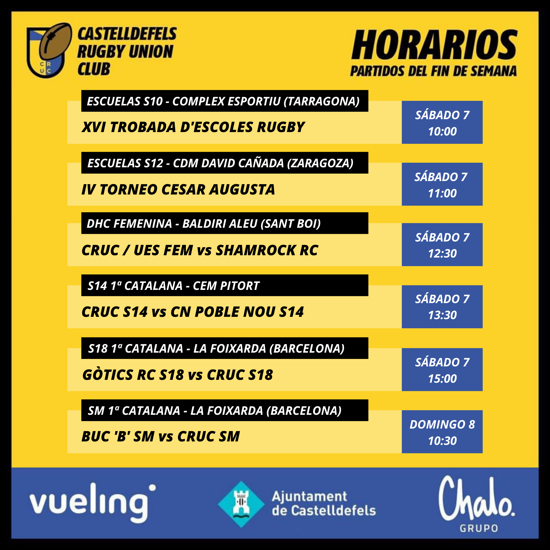 horarios de los partidos de rugby del cruc de este fin de semana