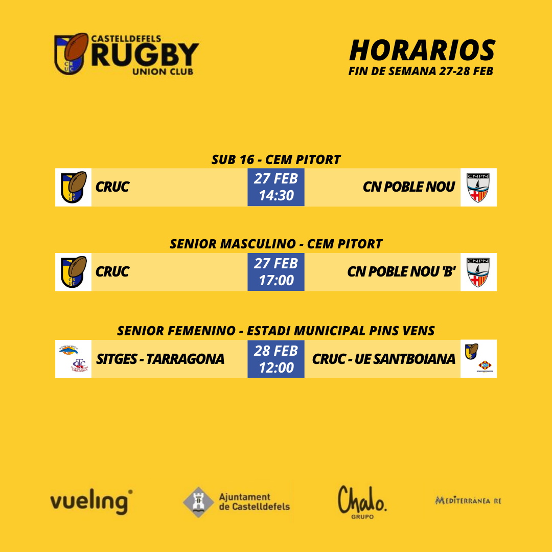 Horarios de los partidos de las categorías del Castelldefels Rugby, días 27 y 28 de febrero