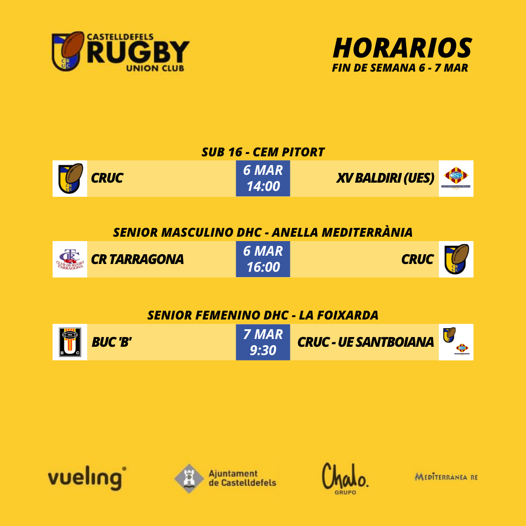 horarios de los partidos de rugby de las categorías del CRUC. Días 6 y 7 de marzo