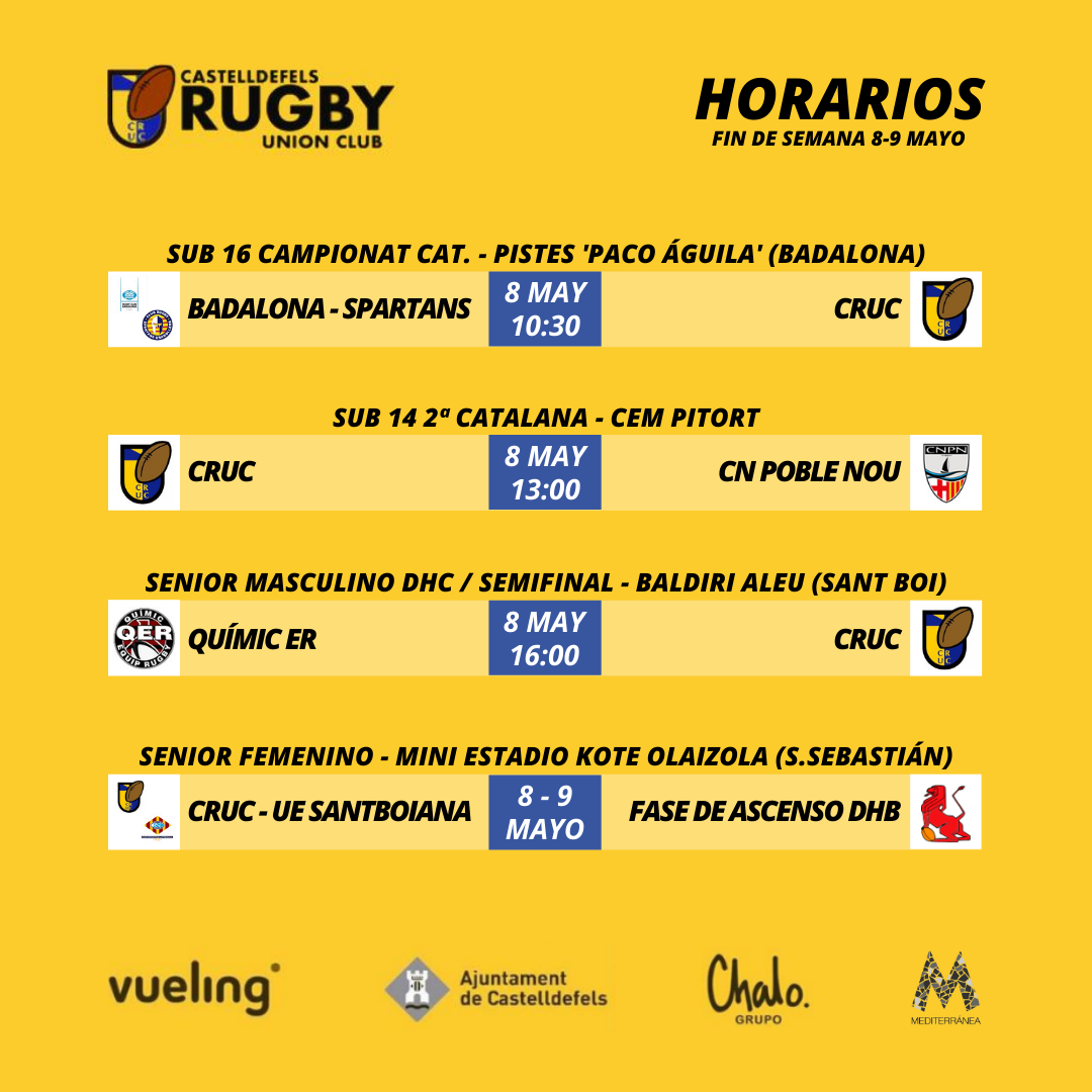 horarios del castelldefels rugby union club del fin de semana 8 y 9 de mayo