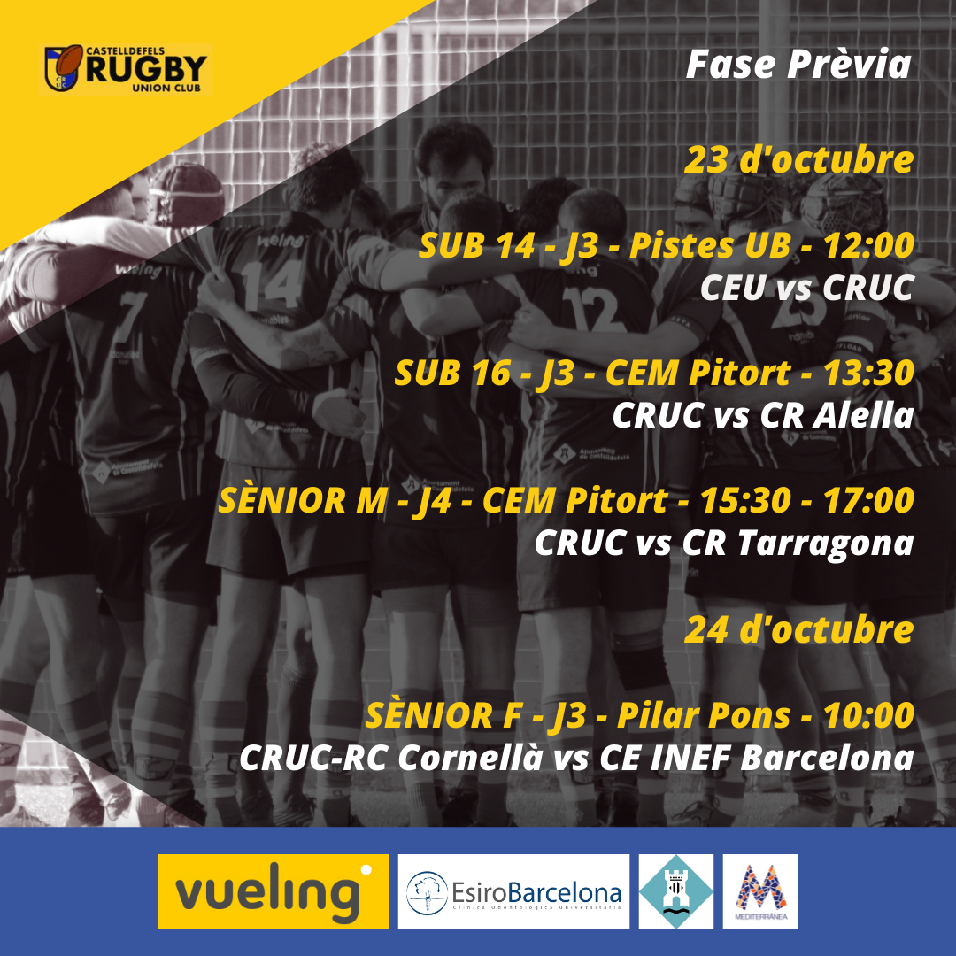 Cartel con los horarios de los partidos del Castelldefels Rugby Union Club